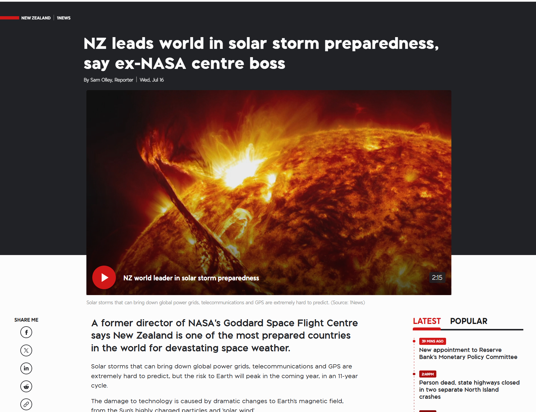NZ leads world in solar storm preparedness, says ex-NASA centre boss